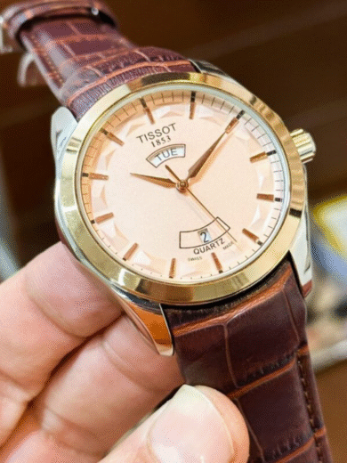 Tissot PRC 200 Day-Date Quartz Watch – Rose Gold White Dial Brown Leather Men's Swiss Timepiece