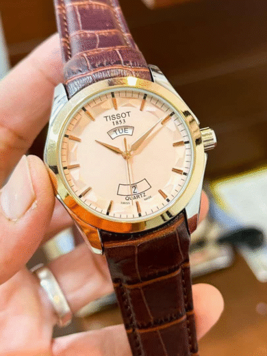 Tissot PRC 200 Day-Date Quartz Watch – Rose Gold White Dial Brown Leather Men's Swiss Timepiece - Image 2
