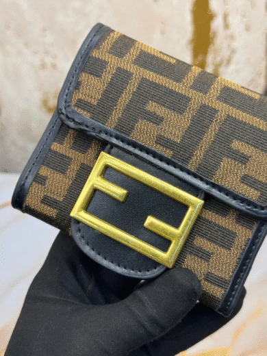 Fendi Monogram Compact Canvas Wallet – Brown FF Logo, Gold Buckle, Black Leather Trim, Women’s Designer Inspired - Image 3