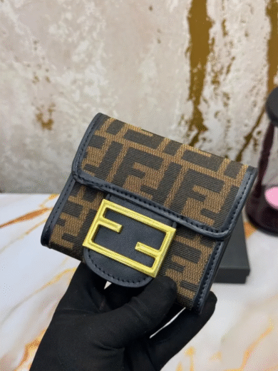Fendi Monogram Compact Canvas Wallet – Brown FF Logo, Gold Buckle, Black Leather Trim, Women’s Designer Inspired