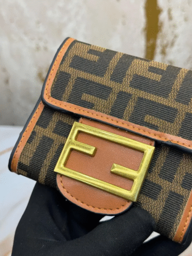 Fendi Monogram Classic Canvas Wallet – Brown FF Logo, Gold Buckle, Tan Leather Trim, Women’s Designer Inspired - Image 3