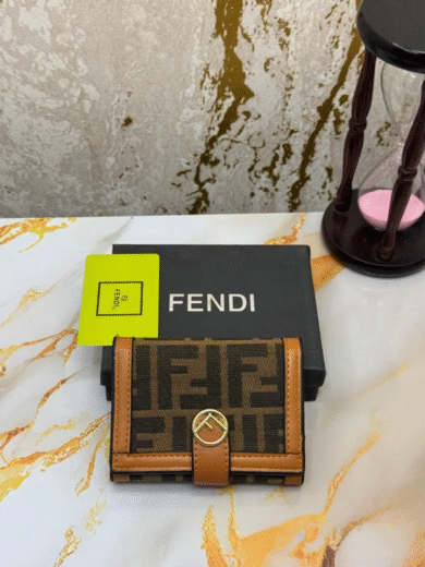 Fendi Monogram Flap Wallet – Brown FF Logo Canvas, Round Gold Snap, Tan Leather Trim, Women’s Designer Inspired