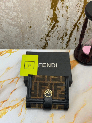 Fendi Monogram Flap Wallet – Brown FF Logo Canvas, Round Gold Clasp, Black Leather Trim, Women’s Designer Inspired