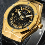 Buy Forsining Gold Skeleton Automatic Watch with Black Leather Strap
