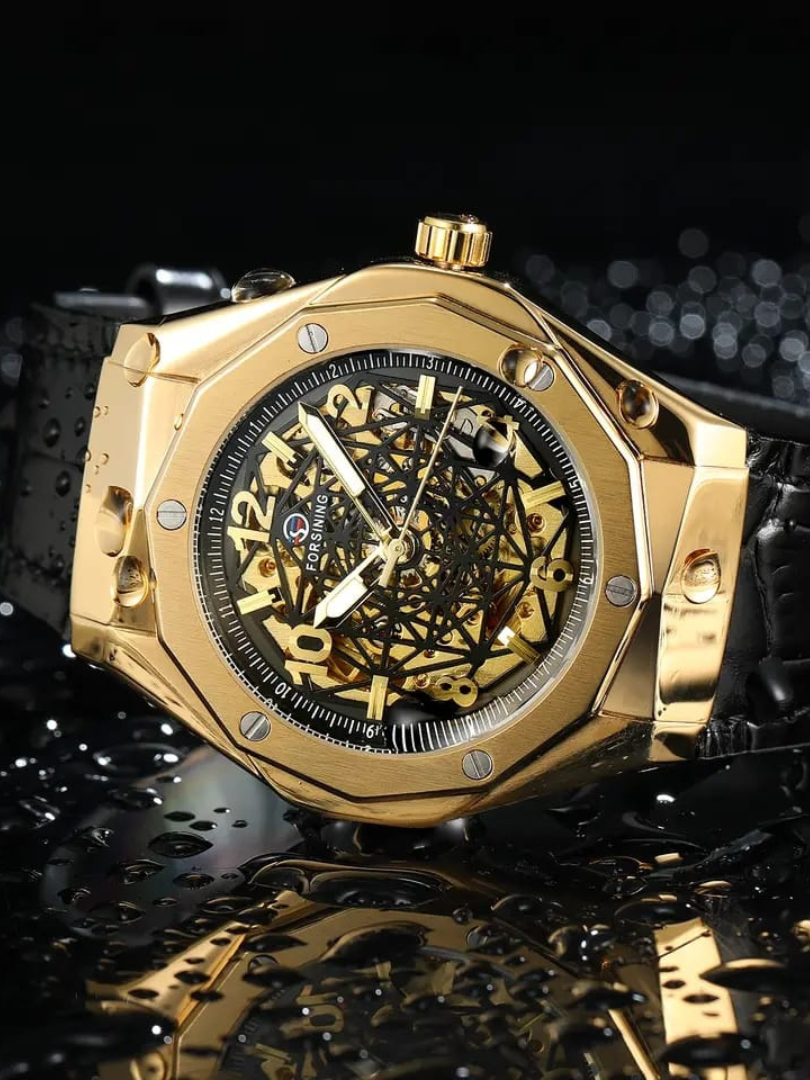 Buy Forsining Gold Skeleton Automatic Watch with Black Leather Strap - Image 3