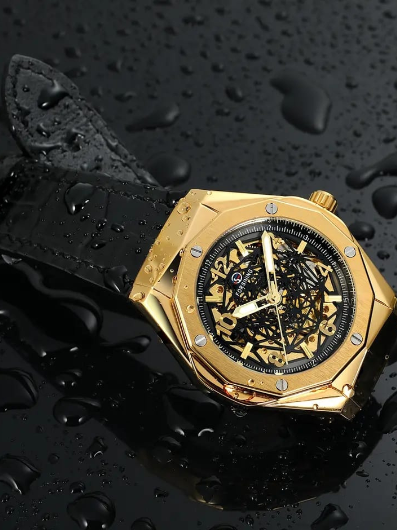 Buy Forsining Gold Skeleton Automatic Watch with Black Leather Strap - Image 4