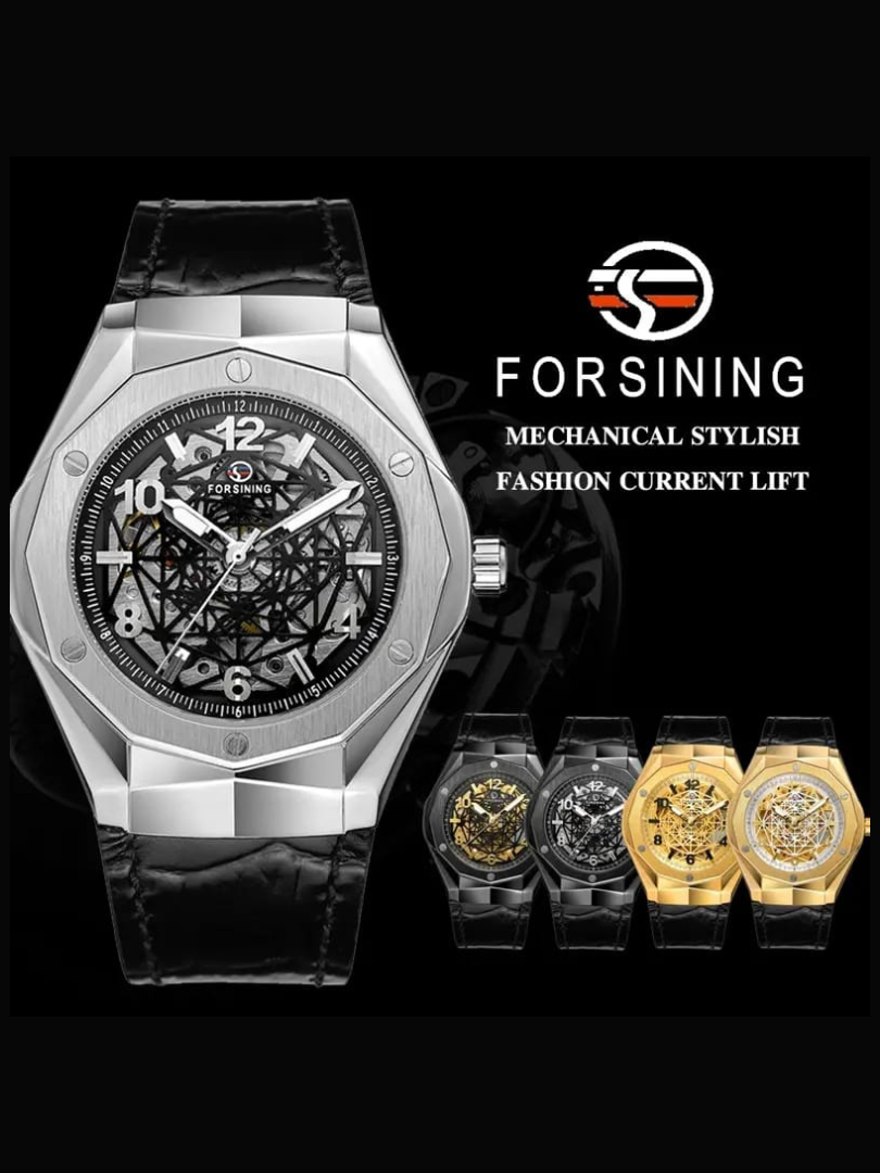 Buy Forsining Gold Skeleton Automatic Watch with Black Leather Strap - Image 6