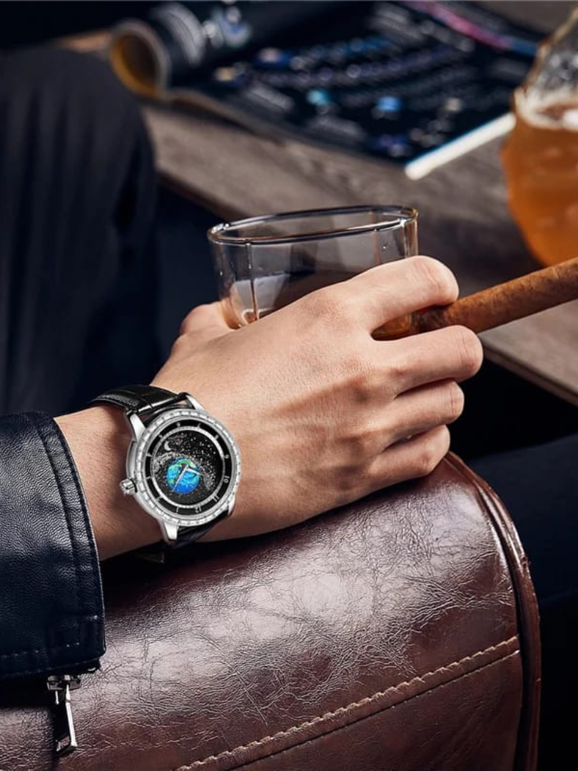 Buy Forsining Starry Sky Earth Dial Watch with Black Leather Strap - Image 4