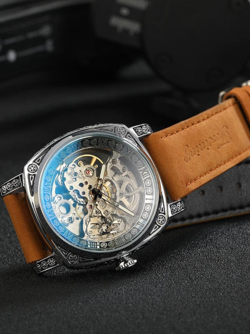 Buy Forsining Square Engraved Skeleton Mechanical Watch with Tan Leather Strap - Image 6