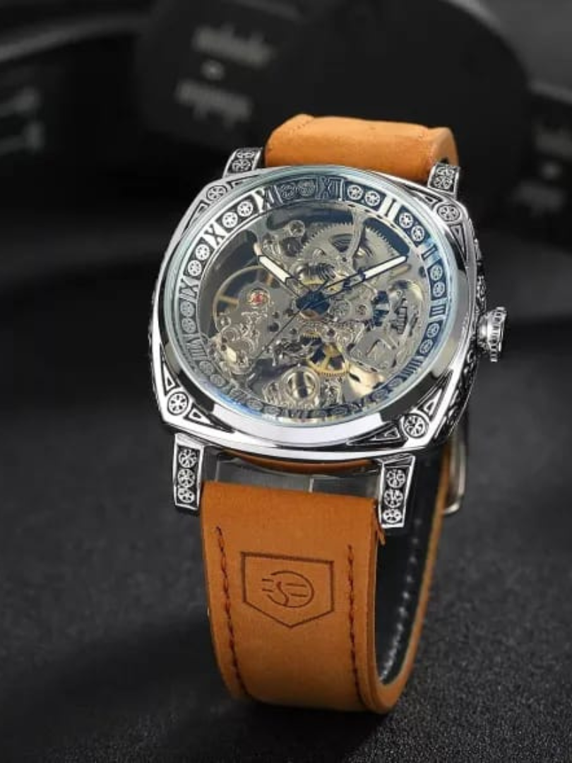 Buy Forsining Square Engraved Skeleton Mechanical Watch with Tan Leather Strap - Image 5