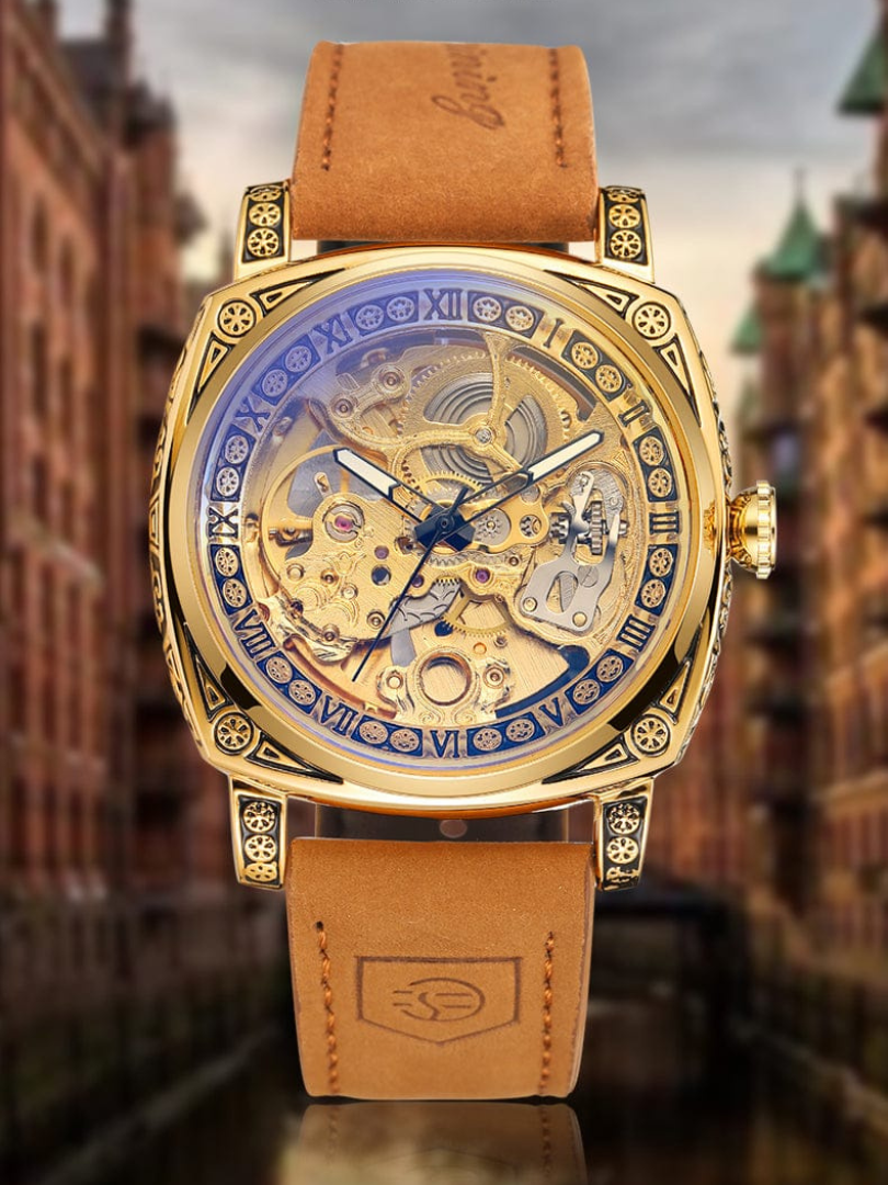 Buy Forsining Square Engraved Skeleton Mechanical Watch with Tan Leather Strap - Image 4