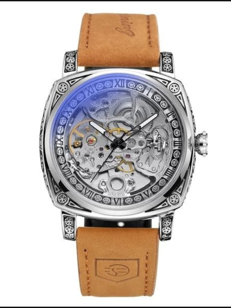 Buy Forsining Square Engraved Skeleton Mechanical Watch with Tan Leather Strap - Image 3