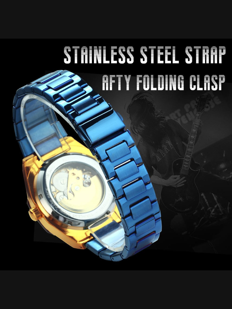 Buy Forsining Blue Skeleton Stainless Steel Watch – Gold Case - Image 3
