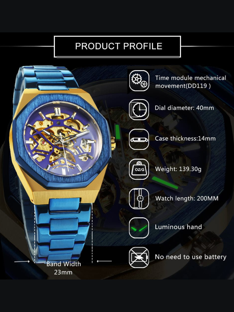 Buy Forsining Blue Skeleton Stainless Steel Watch – Gold Case - Image 4
