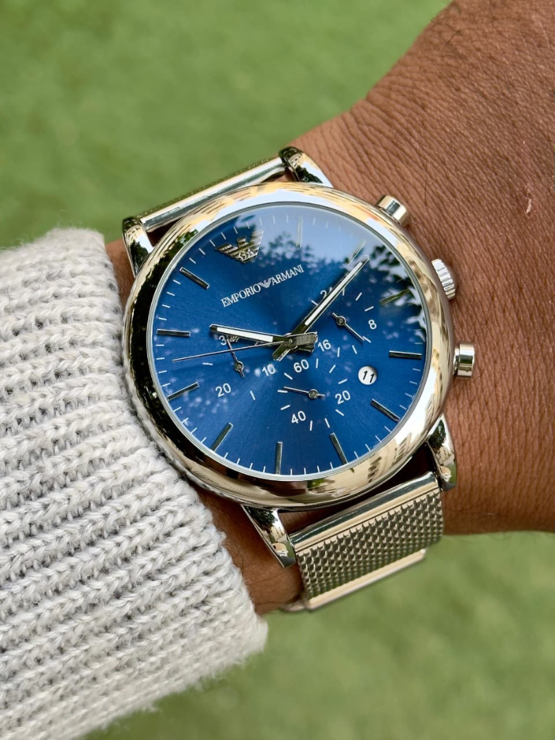 Buy Emporio Armani Blue Dial Mesh Chronograph Watch - Image 3